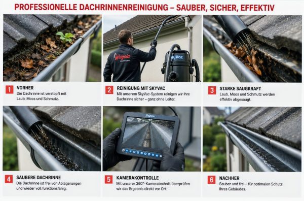 Sechs Schritte der Dachrinnenreinigung: verstopfte Rinne, Reinigung mit dem SkyVac-System durch einen Mitarbeiter in Weigola-Arbeitskleidung, Absaugen der Ablagerungen, freie Rinne, Kamerakontrolle auf dem Monitor und das saubere Ergebnis