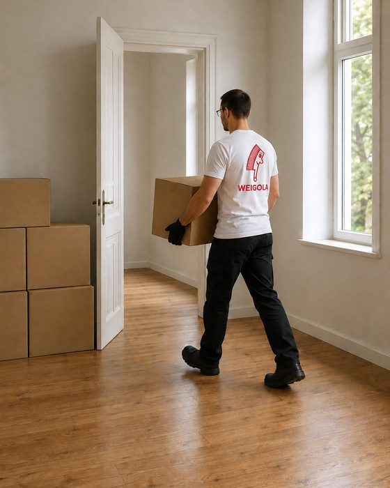 Leergeräumtes Zimmer mit gestapelten Kartons, eine Person trägt eine Kiste hinaus