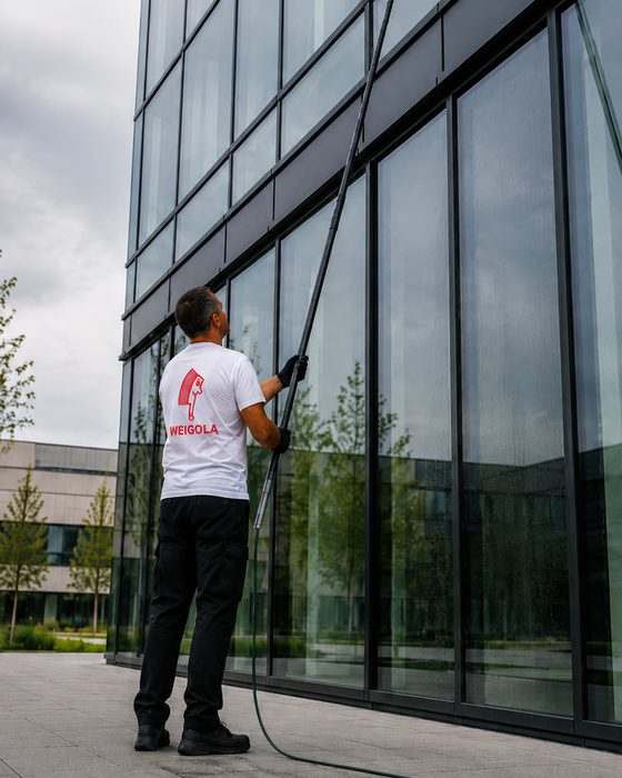 Glasfassade eines Bürogebäudes wird mit einer Teleskopstange gereinigt