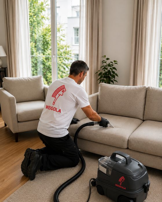 Polsterreinigung an einem Sofa in einem hellen Wohnraum