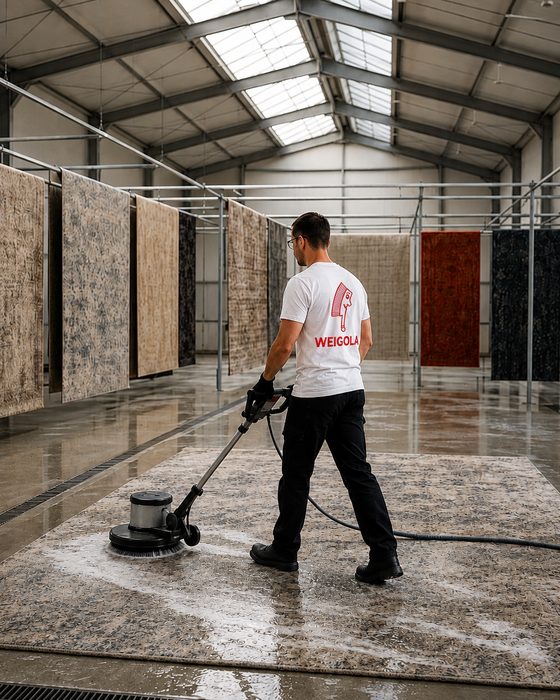 Teppichwäscherei mit hängenden Teppichen, im Vordergrund wird ein Teppich gereinigt