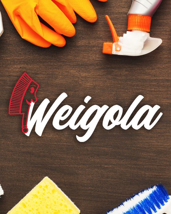 Reinigungsartikel der Weigola Raumpflege, in der Mitte das Weigola-Logo