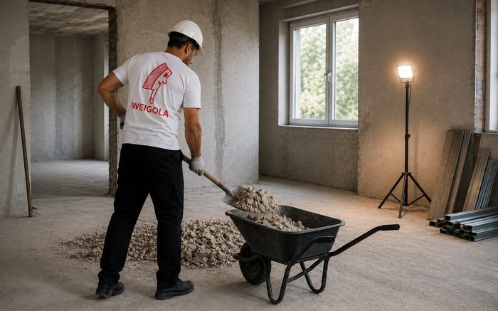 Bauendreinigung im Rohbau: Schutt wird aufgenommen, Staub liegt in der Luft