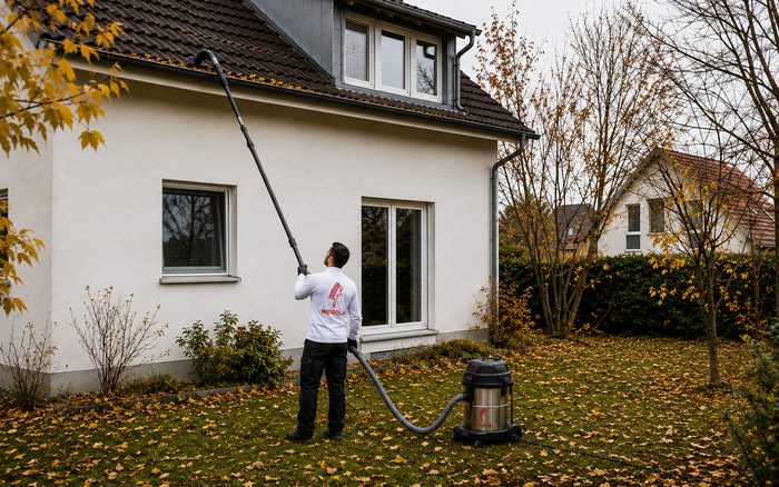 Dachrinne eines Einfamilienhauses wird vom Boden aus mit Teleskopstange gereinigt