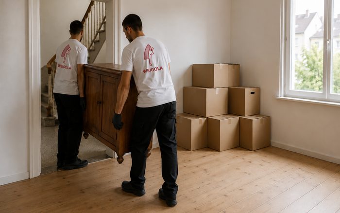 Zwei Personen tragen einen Schrank aus einem leergeräumten Zimmer