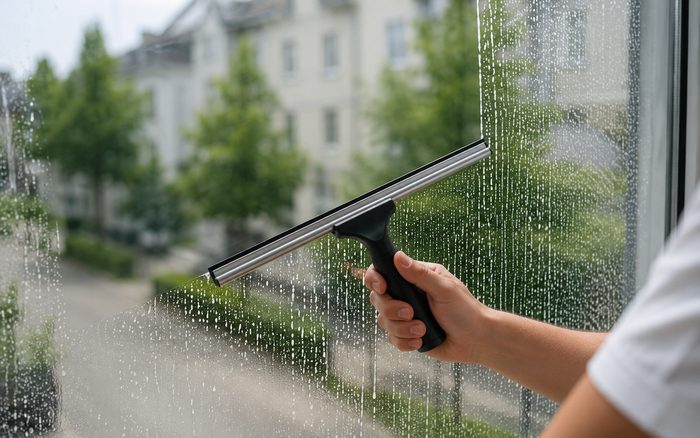 Hand mit Abzieher an einer großen Fensterscheibe, halb gereinigt