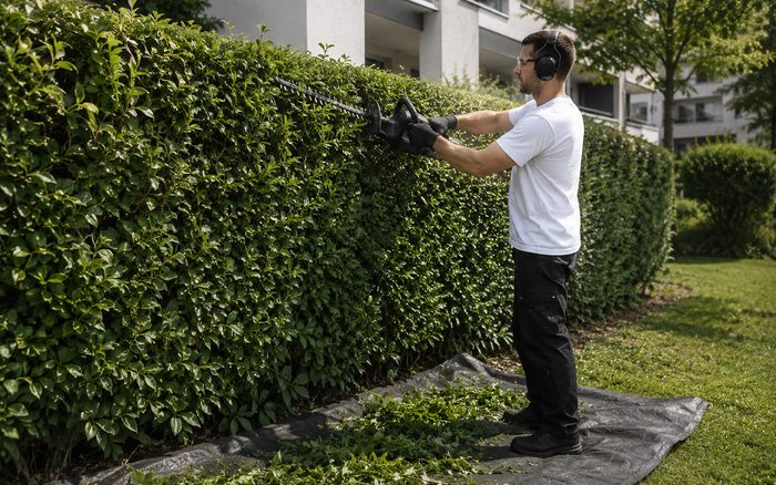 Hecke vor einem Wohngebäude wird mit der Heckenschere geschnitten