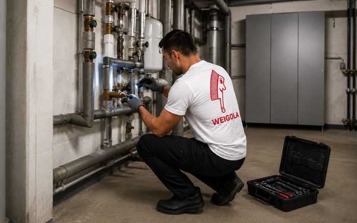 Hausmeister prüft eine technische Anlage im Kellerraum eines Wohnhauses