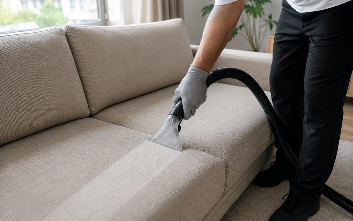 Polsterreinigungsgerät wird über ein helles Stoffsofa geführt