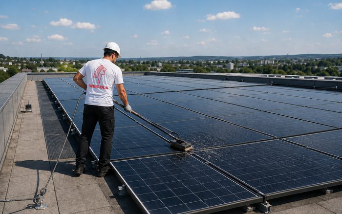 Photovoltaikanlage auf einem Flachdach wird mit Teleskopbürste gereinigt