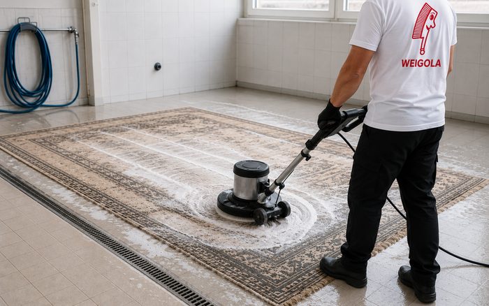 Teppich wird in der Teppichwäscherei mit einer Bürstenmaschine gereinigt