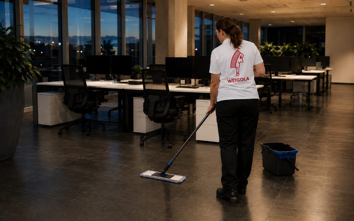 Reinigungskraft wischt den Boden eines Großraumbüros nach Feierabend