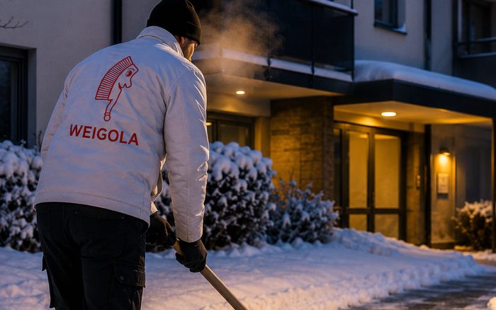 Gehweg vor einem Mehrfamilienhaus wird bei Dämmerung von Schnee geräumt